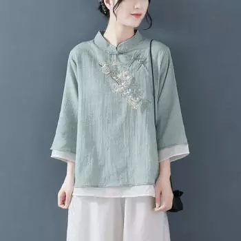 Рубашки женские с длинным рукавом, льняная рубашка на пуговицах, хлопковая вышивка Vintago, большие размеры, женские топы, блузка с круглым вырезом, повседневная белая S фиолетовый