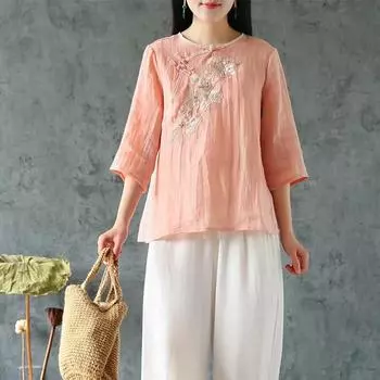 Рубашки женские с длинным рукавом, льняная рубашка на пуговицах, хлопковая вышивка, винтажные 4XL, большие размеры, женские топы, блузка с круглым вырезом, повседневная белая S розовый