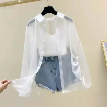 Рубашки женские солнцезащитные тонкие летние прозрачные модные повседневные ретро милые крутые уличные рубашки праздничные универсальные пляжные молодые S белый