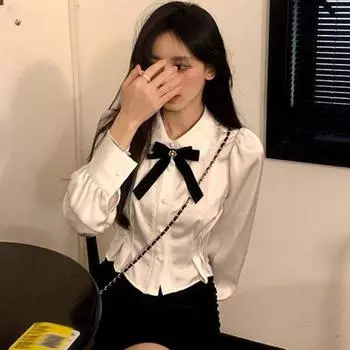 Рубашки женские, тонкие, в консервативном стиле, с воротником Питера Пэна, с кружевным дизайнером, элегантные, милые, в стиле Лолиты, кавайная одежда, корейская мода S белый