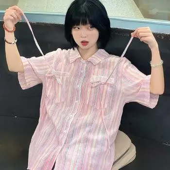 Рубашки женские в розовую полоску, летние топы с короткими рукавами и двойными карманами, милые свободные универсальные блузки для девочек S розовый