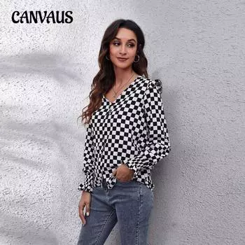 Рубашки женские весенние и осенние с деревянными ушками, V-образным вырезом, длинными рукавами, клетчатый топ S красный