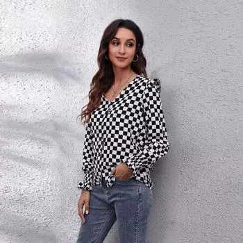 Рубашки женские весенние и осенние с деревянными ушками, V-образным вырезом, длинными рукавами, клетчатый топ S красный