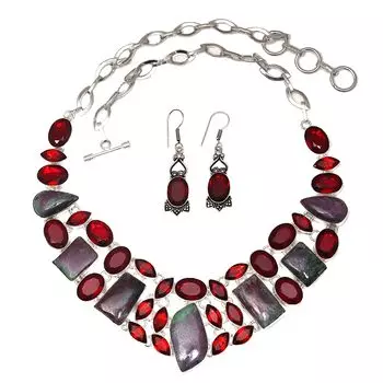 Рубин Цоизит Кабошон Гранат Драгоценный Камень Ожерелье и Серьги 18-20