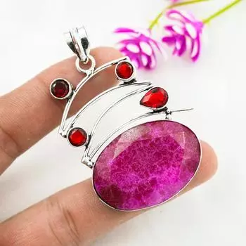 Рубин, гранатовый кулон с драгоценными камнями, 925 пробы стерлингового серебра кулон ручной работы, новейшие дизайнерские украшения 2.48 Inches розовый