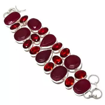Рубин(Смоделированный), Браслет из серебра 925 пробы с гранатовым камнем 7-8 дюймов N7A68
