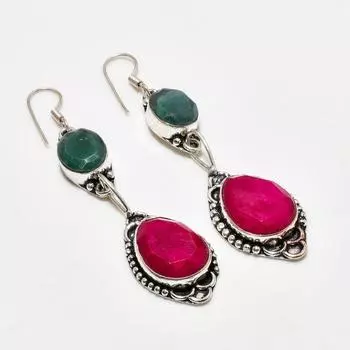 Рубин(Смоделированный), Изумруд(Смоделированный) Посеребренные серьги с драгоценными камнями 2,76 дюйма