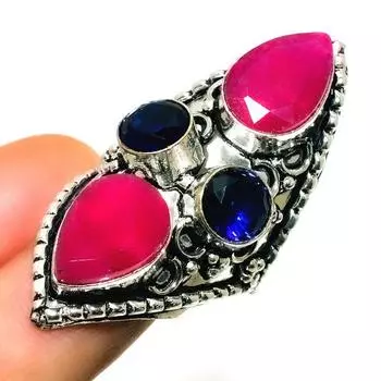 Рубин(Смоделированный) Ювелирное кольцо с голубым топазом 925 пробы, посеребренное, размер 8,5