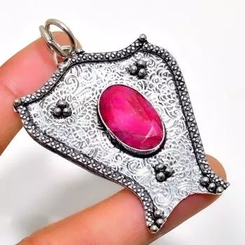 Рубин(Смоделированный) Ювелирный кулон ручной работы с драгоценным камнем 925 пробы, посеребренный, 2,34 дюйма 2.34 розовый