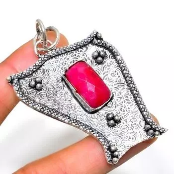 Рубин(Смоделированный) Ювелирный кулон ручной работы с драгоценным камнем 925 пробы, посеребренный, 2,27 дюйма 2.27 розовый