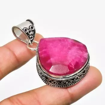 Рубин(Смоделированный) Ювелирный кулон ручной работы с драгоценным камнем 925 пробы, посеребренный, 1,89 дюйма 1.89 розовый