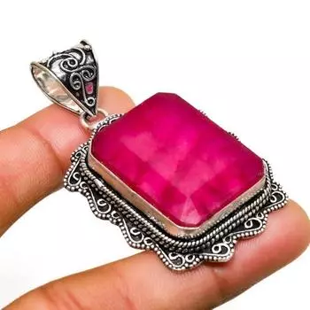 Рубин(Смоделированный) Ювелирный кулон ручной работы с драгоценным камнем 925 пробы, посеребренный, 2,27 дюйма 2.27 розовый