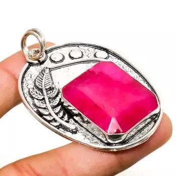 Рубин(Смоделированный) Ювелирный кулон ручной работы с драгоценным камнем 925 пробы, посеребренный, 2,27 дюйма 2.27 розовый