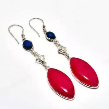 Рубин(Смоделированный), Серьги с покрытием из серебра 925 пробы, лазурит, 3,21 дюйма