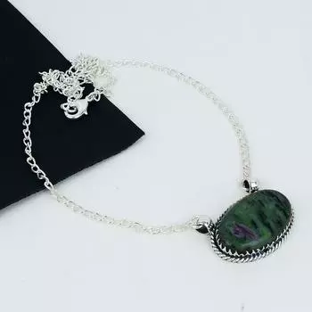 Рубин Зойзит Драгоценный камень Ожерелье ручной работы из стерлингового серебра 925 пробы Натуральный рубин Зойзит Ювелирное ожерелье ручной работы для женщин Ожерелье для нее 20 чёрный/зелёный