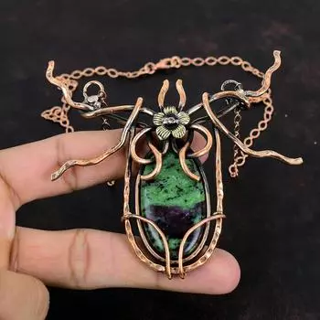 Рубиновое ожерелье с цоизитом, ожерелье из медной проволоки, обернутое проволокой, ювелирные изделия из драгоценных камней, регулируемое ожерелье, медные украшения ручной работы, подарки на помолвку