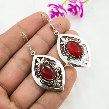 Рубиновые серьги Драгоценные камни Ювелирные изделия, Серьги из цельного серебра 925 пробы, Ювелирные изделия ручной работы Серьги с камнями по месяцу рождения, Подарок для него 1.77 Inches красный