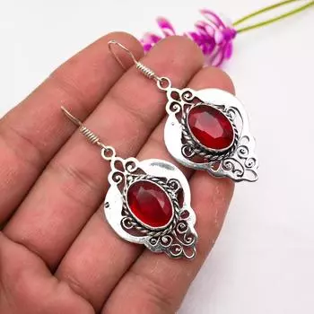 Рубиновые серьги, драгоценные камни, серьги ручной работы из цельного серебра 925 пробы, ювелирные изделия последнего дизайна 2.16 Inches красный