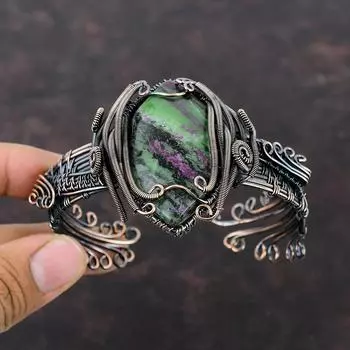 Рубиновый браслет Цоизит, браслет-манжета из медной проволоки, регулируемый браслет, ювелирные изделия из меди ручной работы, браслет из драгоценных камней, ювелирные изделия с проволочной обмоткой для подарков