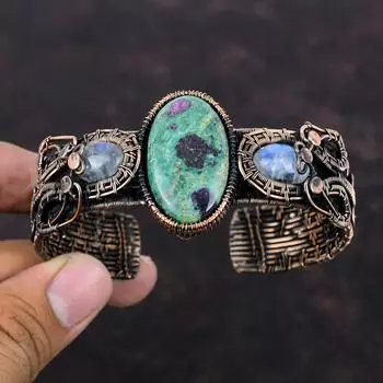 Рубиновый браслет из фуксита, медная проволока, браслет-манжета, браслет с драгоценными камнями, ювелирные изделия ручной работы, регулируемые браслеты, браслет из радужного лунного камня для подарка