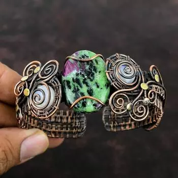 Рубиновый браслет-манжета с цоизитом, медная проволока, манжета с драгоценным камнем, Радужный браслет из лунного камня, ювелирные изделия ручной работы, регулируемый браслет-манжета, подарок для мамы