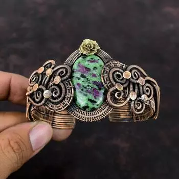 Рубиновый браслет с цоизитом, браслет-манжета из медной проволоки, медные украшения ручной работы, регулируемый браслет, браслет с драгоценными камнями, цветочный браслет, подарок для него