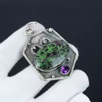 Рубиновый цоизит, аметистовый драгоценный камень кулон, натуральный рубиновый цоизит драгоценный камень ручной работы из стерлингового серебра 925 пробы рубиновый цоизит кулон для женщин кулон для подарков 5.5 Cm. зелёный/фиолетовый
