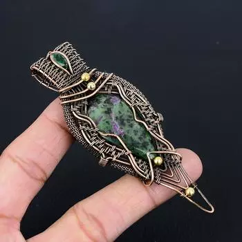 Рубиновый цоизит, драгоценный камень, чистая медная проволока, кулон ручной работы, ювелирный подарок для нее 3.74 Inches зелёный