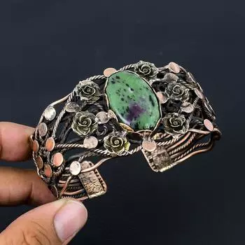 Рубиновый цоизит, драгоценный камень, чистая медная проволока, завернутая в манжеты/браслет ручной работы, ювелирные изделия для рождественского подарка Adjustable зелёный