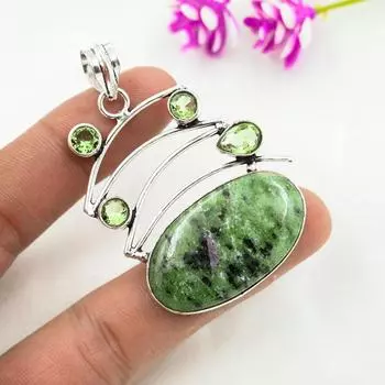 Рубиновый цоизит, кулон с зеленым аметистом, кулон из стерлингового серебра 925 пробы, ювелирные изделия ручной работы с драгоценными камнями, подарки для жены, абсолютно новый кулон 2.48 Inches зелёный