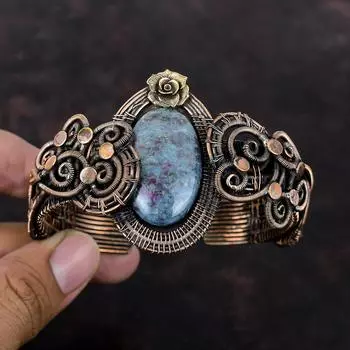 Рубиновый синий кианитовый браслет, браслет-манжета из медной проволоки, браслет-манжета, ювелирные изделия ручной работы, регулируемый браслет-манжета, ювелирные изделия с цветами, подарок для него