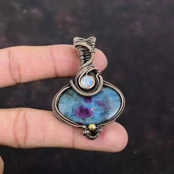 Рубиновый синий кианитовый кулон, медная проволока, кулон, драгоценный камень, медные украшения, лунный камень, кулон ручной работы, ювелирные изделия из проволочной обмотки, свадебный подарок