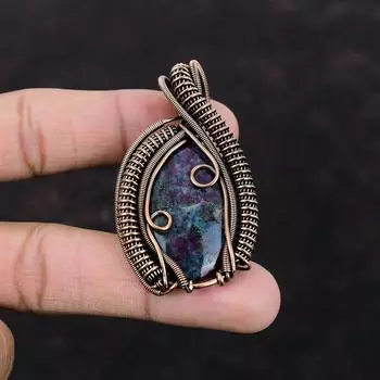 Рубиновый синий кианитовый кулон, медная проволока, обернутая драгоценным камнем, кулон ручной работы, медная проволока, обернутая ювелирными изделиями, подарок на помолвку, женский кулон