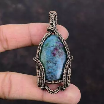 Рубиновый синий кианитовый кулон, ювелирные изделия из медной проволоки, подвеска из настоящего драгоценного камня, кулон из медной проволоки, кулон ручной работы, ювелирные изделия для подарка