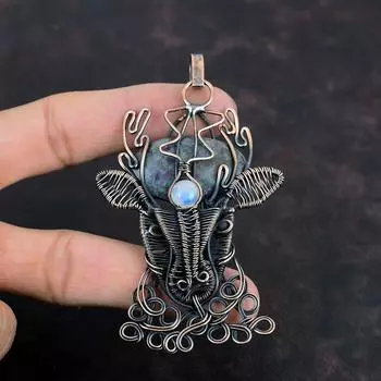 Рубиновый синий кулон с кианитом, медная проволока, кулон с драгоценным камнем, кулон ручной работы с лицом оленя, кулон с радужным лунным камнем, уникальные медные украшения