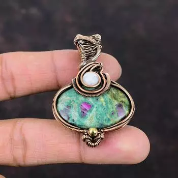 Подвеска из рубина и фуксита, подвеска из медной проволоки, подвеска ручной работы, подвеска из радужного лунного камня, антикварная медная бижутерия, подарок для матери