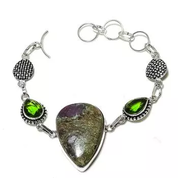 Ruby Fuchsite,Peridot Lab-Created Handmade 925 Sterling Silver Bracelet 8 m7P93