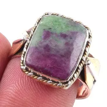 Ruby In Zoisite Handmade Lab-Created 925 Sterling Silver Two Tone Ring S.9 J0E10