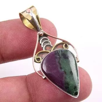 Ruby In Zoisite Lab-Created 925 Sterling Silver Gift Two Tone Pendant 1.75 G2a64