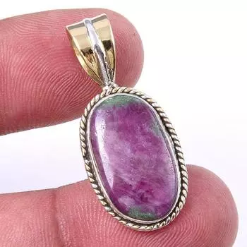 Ruby In Zoisite Lab-Created 925 Sterling Silver Gift Two Tone Pendant 1.25 I3l07