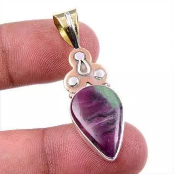 Ruby In Zoisite Lab-Created 925 Sterling Silver Gift Two Tone Pendant 1.75 v9C74