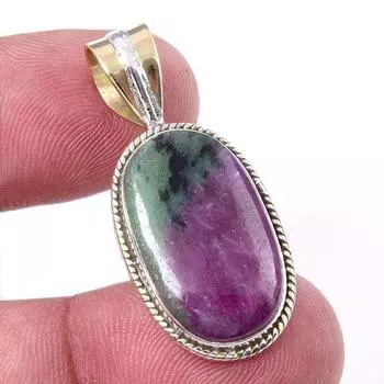 Ruby In Zoisite Lab-Created 925 Sterling Silver Gift Two Tone Pendant 1.50 H5F11