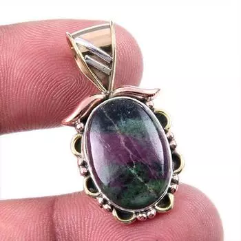 Ruby In Zoisite Lab-Created 925 Sterling Silver Gift Two Tone Pendant 1.25 i8P31