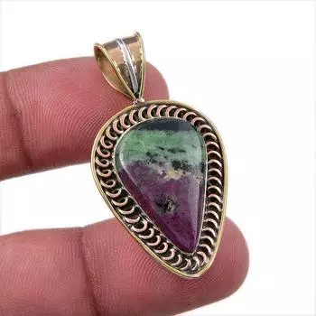 Ruby In Zoisite Lab-Created 925 Sterling Silver Gift Two Tone Pendant 1.75 P0l10