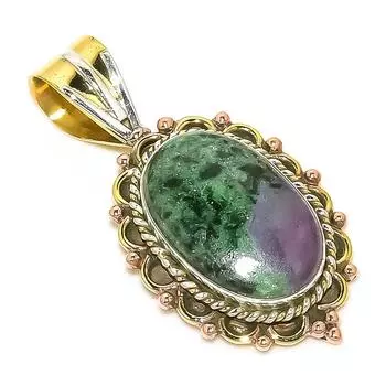 Ruby In Zoisite Lab-Created 925 Sterling Silver Gift Two Tone Pendant 1.50 F0L92