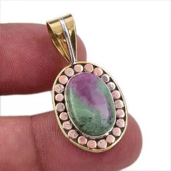 Ruby In Zoisite Lab-Created 925 Sterling Silver Gift Two Tone Pendant 1.25 s2V45