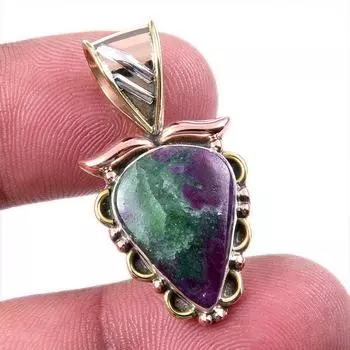 Ruby In Zoisite Lab-Created 925 Sterling Silver Gift Two Tone Pendant 1.25 N1S92