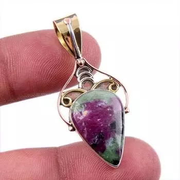 Ruby In Zoisite Lab-Created 925 Sterling Silver Gift Two Tone Pendant 1.75 s1l22