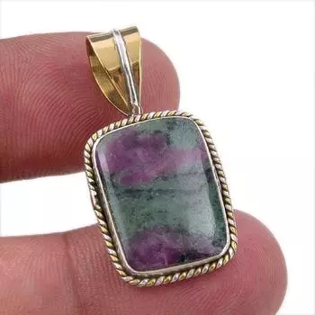 Ruby In Zoisite Lab-Created 925 Sterling Silver Gift Two Tone Pendant 1.25 l2t66