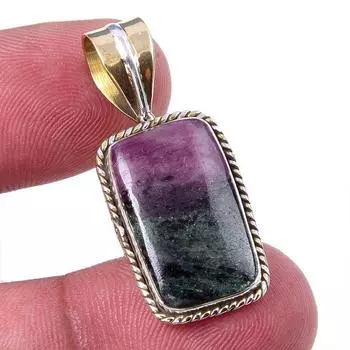 Ruby In Zoisite Lab-Created 925 Sterling Silver Gift Two Tone Pendant 1.25 e3D84